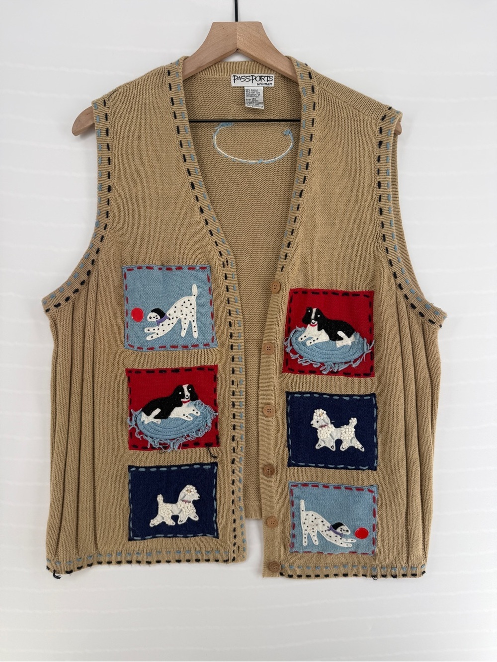Vintage Passports Woman 3X Dog Appliqué Button-Front Sweater Vest